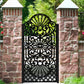 Black metal laser cut pedestrian garden gate featuring central floral rosette and fan scrollwork pattern