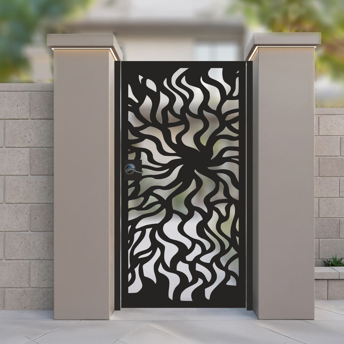 metal laser cut pedestrian garden gate featuring modern abstract flame vortex and radial wave pattern
