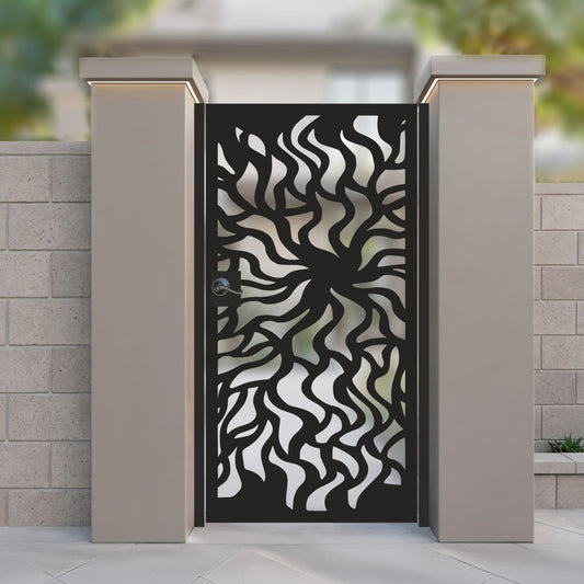 metal laser cut pedestrian garden gate featuring modern abstract flame vortex and radial wave pattern