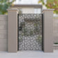 Black metal laser cut pedestrian garden gate featuring full coverage geometric basketweave grid lattice pattern