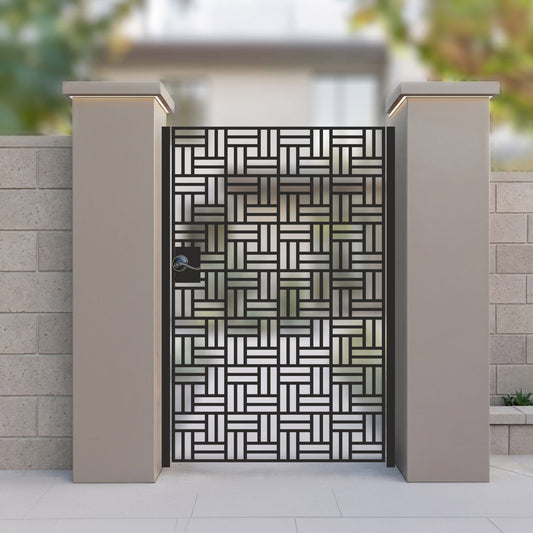 Black metal laser cut pedestrian garden gate featuring full coverage geometric basketweave grid lattice pattern
