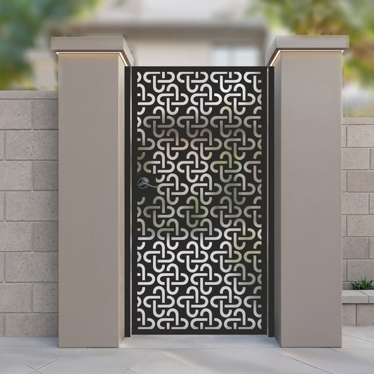 Black metal laser cut pedestrian garden gate featuring full coverage geometric celtic knot and interlocking loop pattern