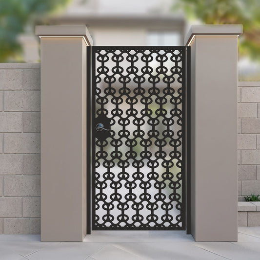 Metal laser cut pedestrian garden gate featuring full coverage geometric overlapping oval ring lattice pattern