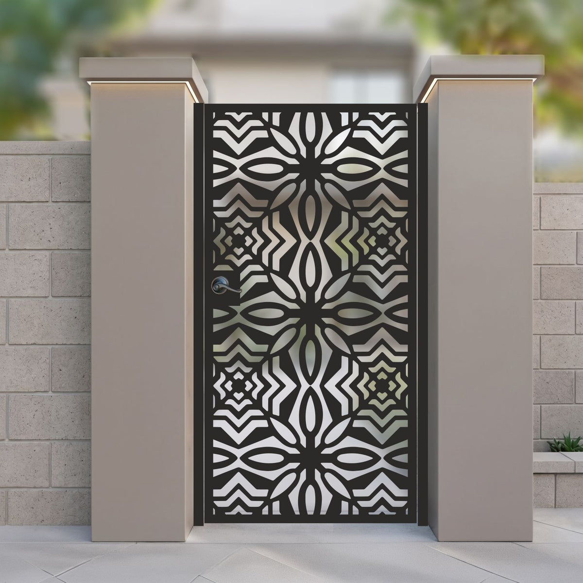 Metal laser cut pedestrian garden gate featuring full coverage geometric floral rosette tile pattern