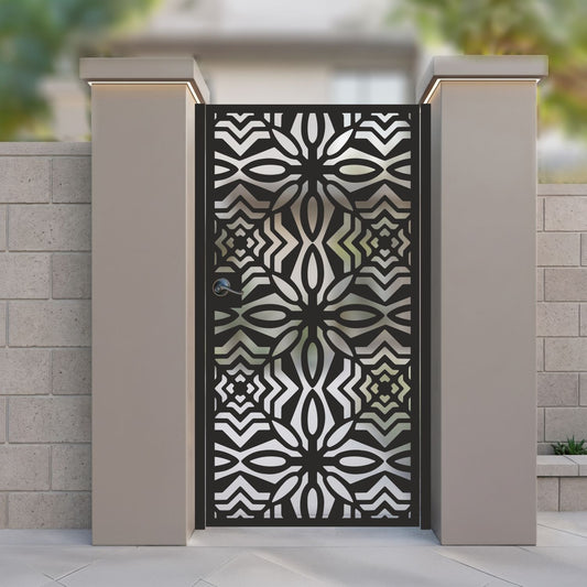 Metal laser cut pedestrian garden gate featuring full coverage geometric floral rosette tile pattern