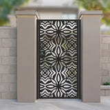 Metal laser cut pedestrian garden gate featuring full coverage geometric floral rosette tile pattern