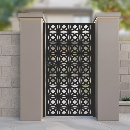 Black metal laser cut pedestrian garden gate featuring full coverage geometric overlapping ring and star lattice pattern