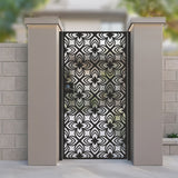 Black metal laser cut pedestrian garden gate featuring full coverage geometric quatrefoil floral tile pattern