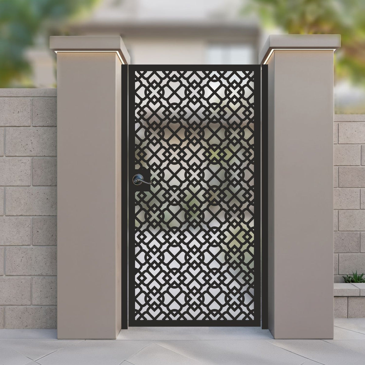 metal laser cut pedestrian garden gate featuring full coverage interlocking geometric chain lattice pattern