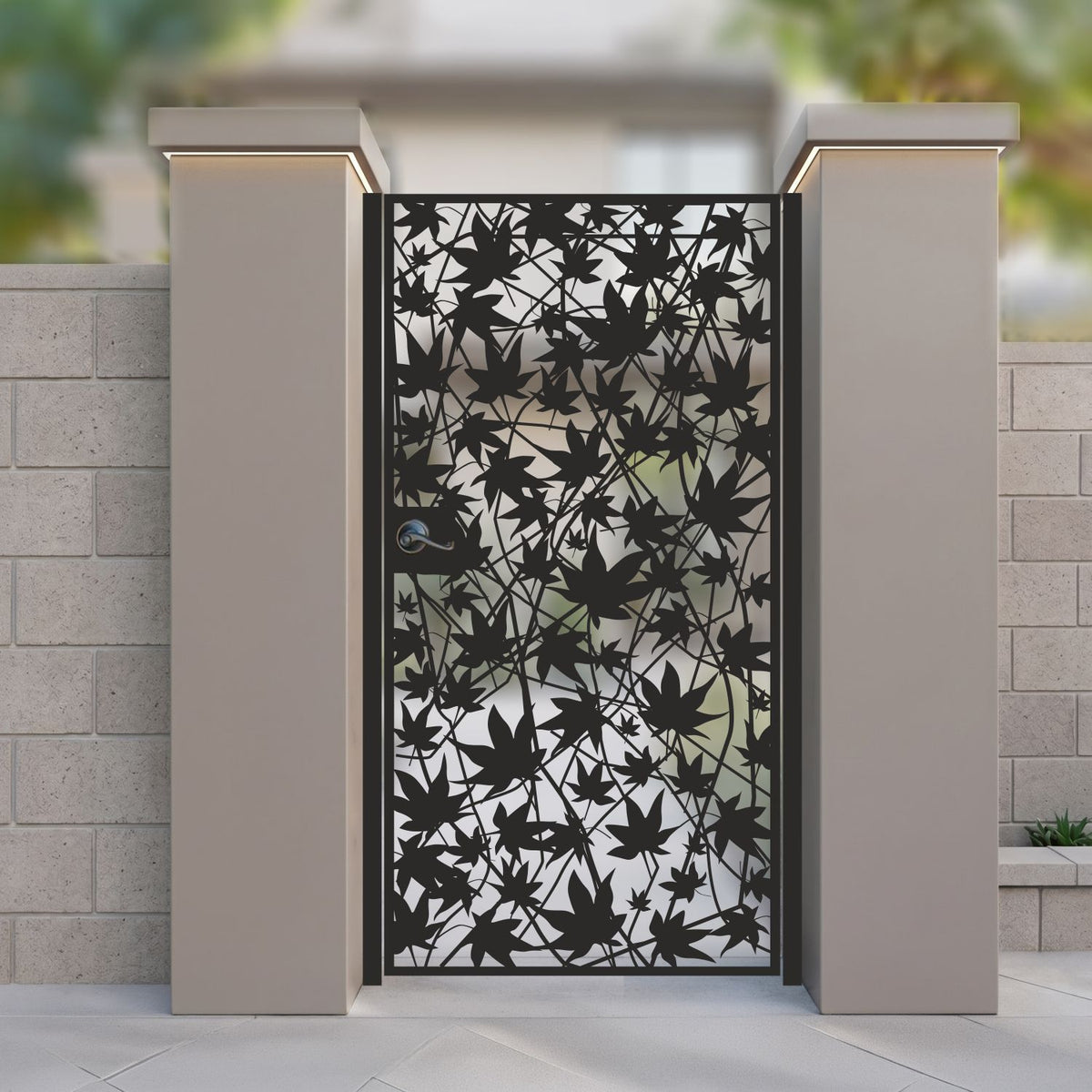 Black metal laser cut pedestrian garden gate featuring full coverage Japanese maple leaf and branch network pattern