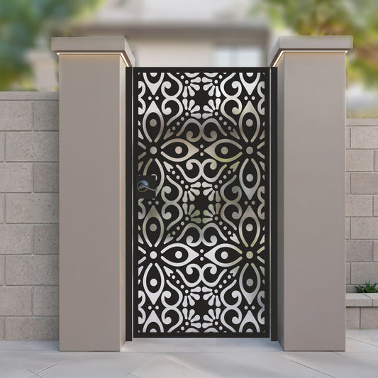 Black metal laser cut pedestrian garden gate featuring traditional symmetrical Moroccan tile and arabesque pattern