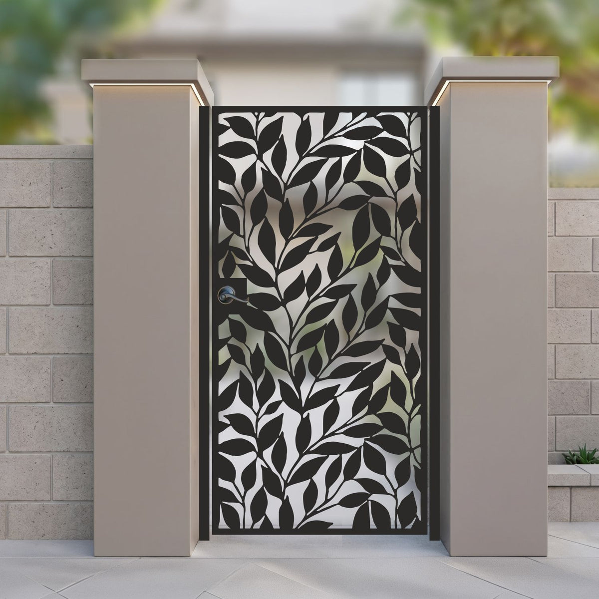 Black metal laser cut pedestrian garden gate featuring full coverage botanical olive leaf and vine pattern