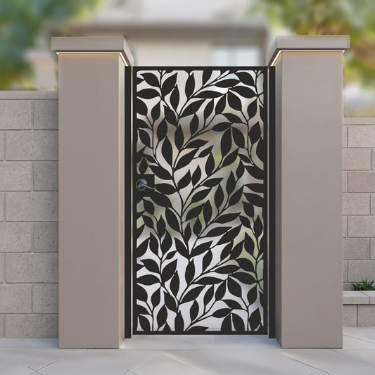 Black metal laser cut pedestrian garden gate featuring full coverage botanical olive leaf and vine pattern