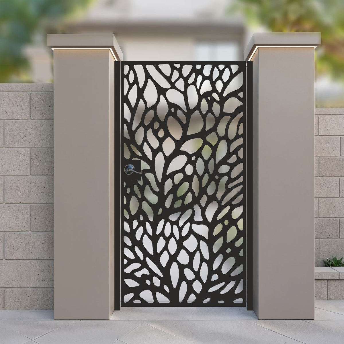metal laser cut pedestrian garden gate featuring full coverage organic petal drop and leaf mosaic pattern