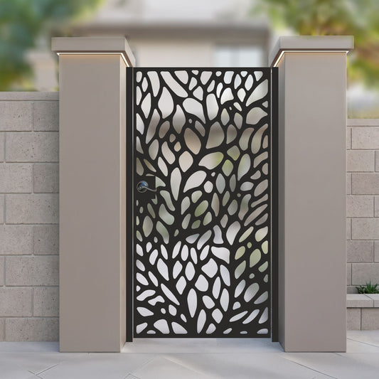 metal laser cut pedestrian garden gate featuring full coverage organic petal drop and leaf mosaic pattern