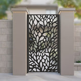 metal laser cut pedestrian garden gate featuring full coverage organic petal drop and leaf mosaic pattern
