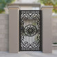 metal laser cut pedestrian garden gate featuring central oriental medallion rosette and ornate scrollwork border