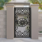 metal laser cut pedestrian garden gate featuring central oriental medallion rosette and ornate scrollwork border