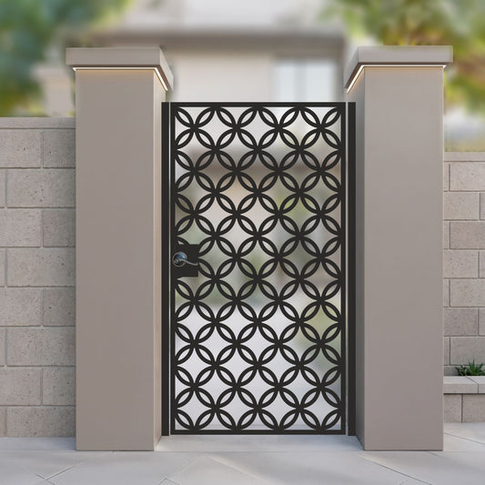 Metal laser cut pedestrian garden gate featuring full coverage overlapping circle lattice and flower of life pattern
