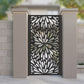 Metal laser cut pedestrian garden gate featuring full coverage radial floral burst and teardrop dahlia pattern