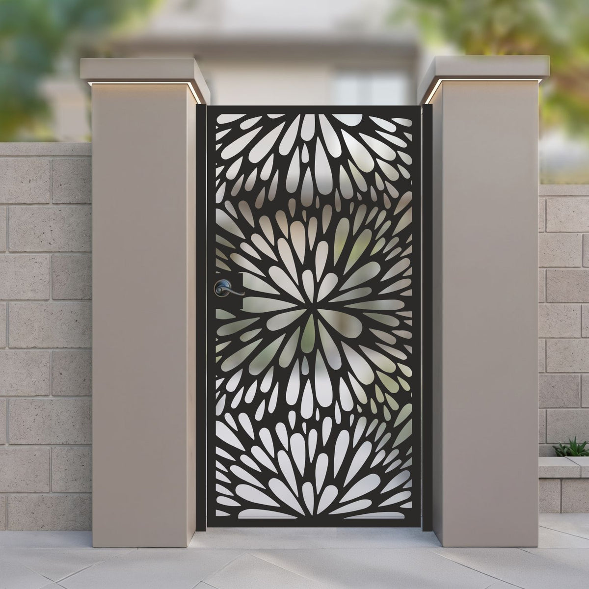Metal laser cut pedestrian garden gate featuring full coverage radial floral burst and teardrop dahlia pattern