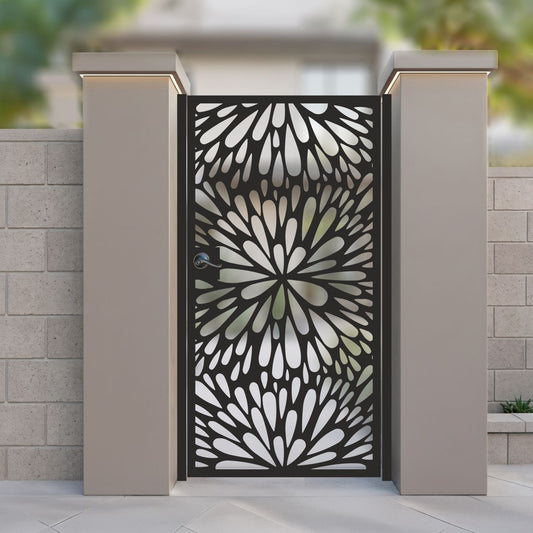 Metal laser cut pedestrian garden gate featuring full coverage radial floral burst and teardrop dahlia pattern