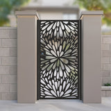 Metal laser cut pedestrian garden gate featuring full coverage radial floral burst and teardrop dahlia pattern