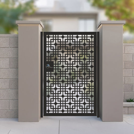 Metal laser cut pedestrian garden gate featuring full coverage retro mid-century rounded square grid pattern