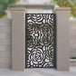Black metal laser cut pedestrian garden gate featuring full coverage modern rose blossom floral pattern
