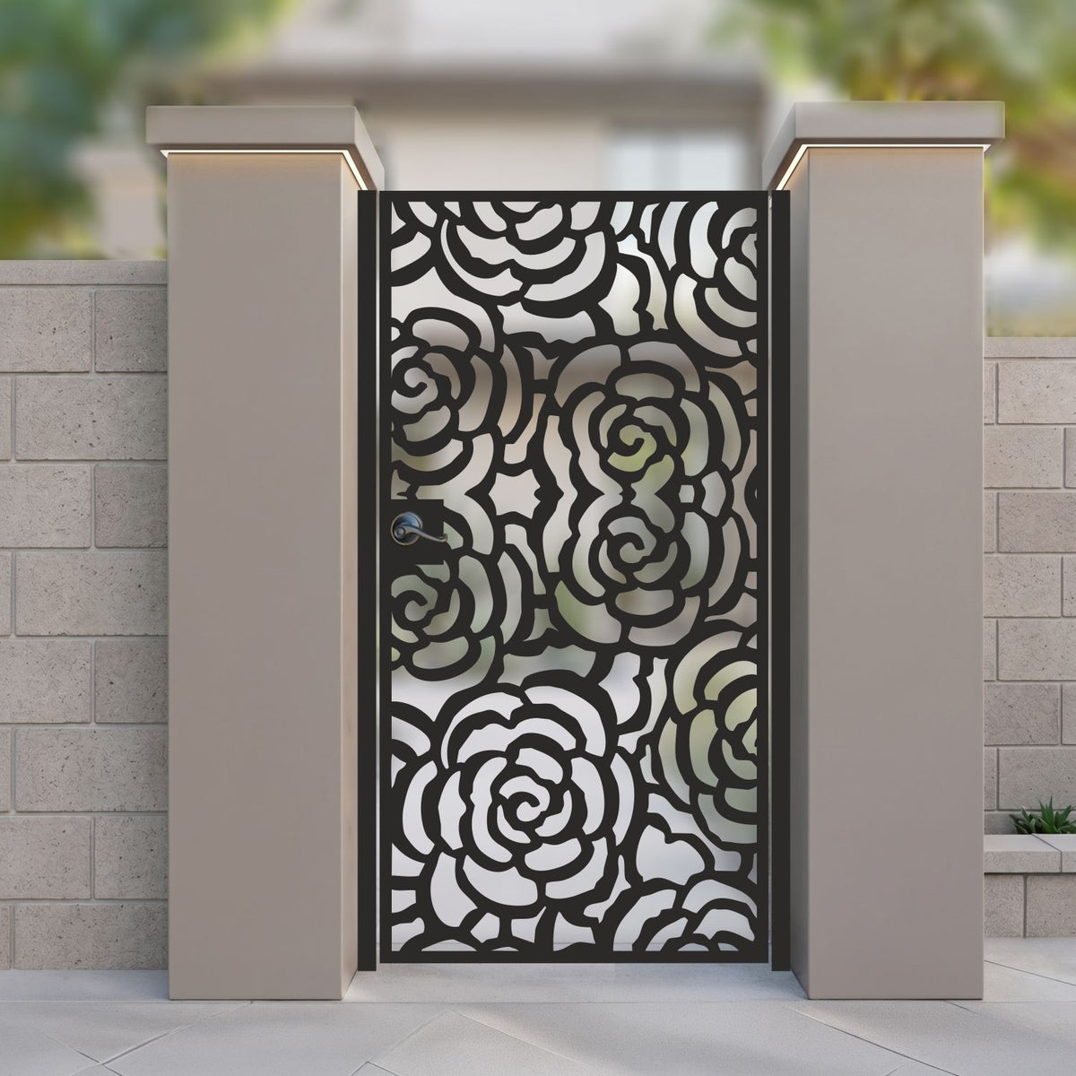 Black metal laser cut pedestrian garden gate featuring full coverage modern rose blossom floral pattern