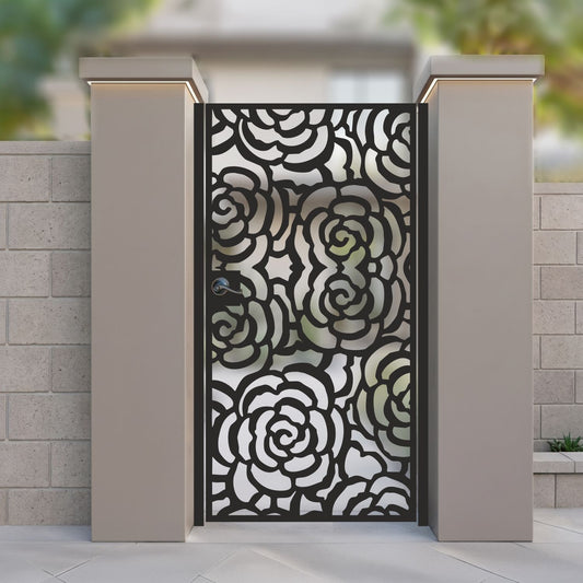 Black metal laser cut pedestrian garden gate featuring full coverage modern rose blossom floral pattern