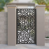 Black metal laser cut pedestrian garden gate featuring full coverage modern rose blossom floral pattern