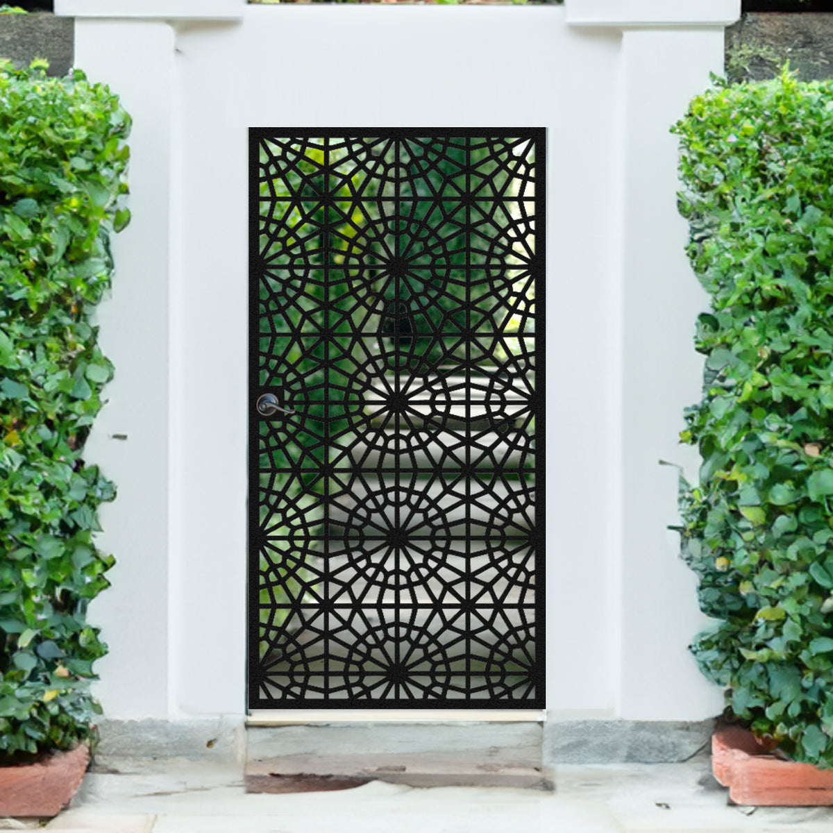 Black metal laser cut pedestrian garden gate featuring traditional islamic seljuk star and radial geometric lattice design