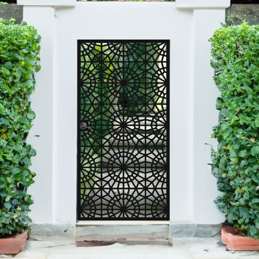 Black metal laser cut pedestrian garden gate featuring traditional islamic seljuk star and radial geometric lattice design