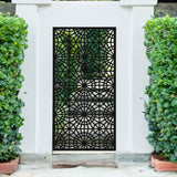 Black metal laser cut pedestrian garden gate featuring traditional islamic seljuk star and radial geometric lattice design