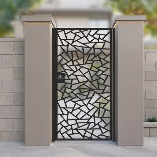 Black metal laser cut pedestrian garden gate featuring modern abstract shattered glass geometric mosaic pattern