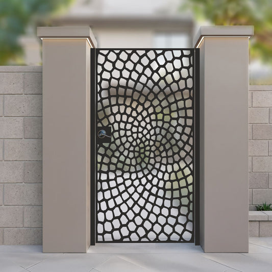Black metal laser cut pedestrian garden gate featuring modern spiral pebble stone cellular pattern