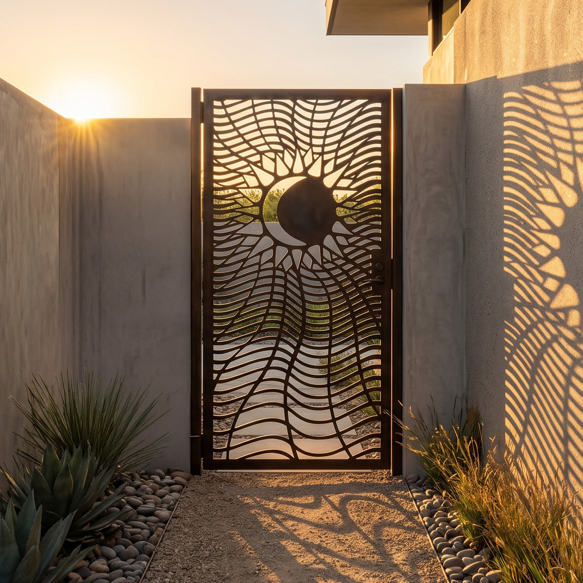 metal laser cut pedestrian garden gate featuring celestial sun and crescent moon design with wavy rays