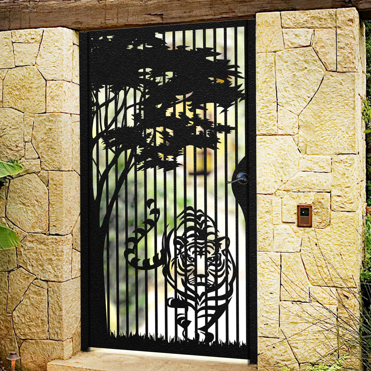 Black metal laser cut pedestrian garden gate featuring tiger in jungle and pine trees silhouette design