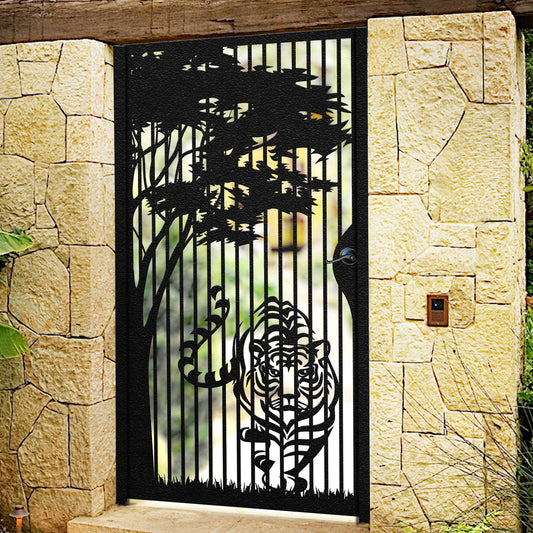 Black metal laser cut pedestrian garden gate featuring tiger in jungle and pine trees silhouette design
