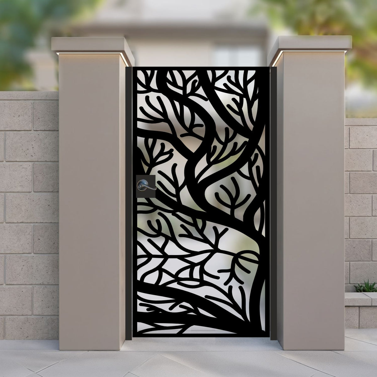 Matte Black metal laser cut pedestrian garden gate featuring modern organic tree branch and root silhouette pattern