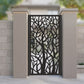 Laser cut pedestrian metal garden gate featuring organic tree silhouette and branching network pattern