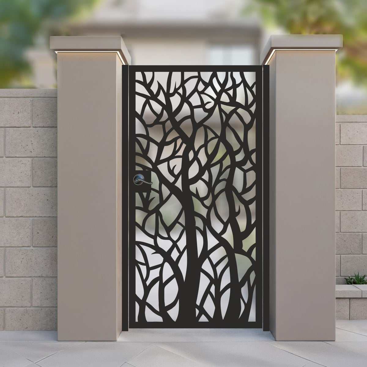 Laser cut pedestrian metal garden gate featuring organic tree silhouette and branching network pattern