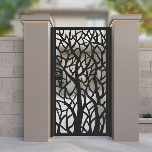 Laser cut pedestrian metal garden gate featuring organic tree silhouette and branching network pattern