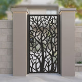 Laser cut pedestrian metal garden gate featuring organic tree silhouette and branching network pattern