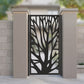 metal laser cut pedestrian garden gate featuring modern organic tree of life branch silhouette pattern