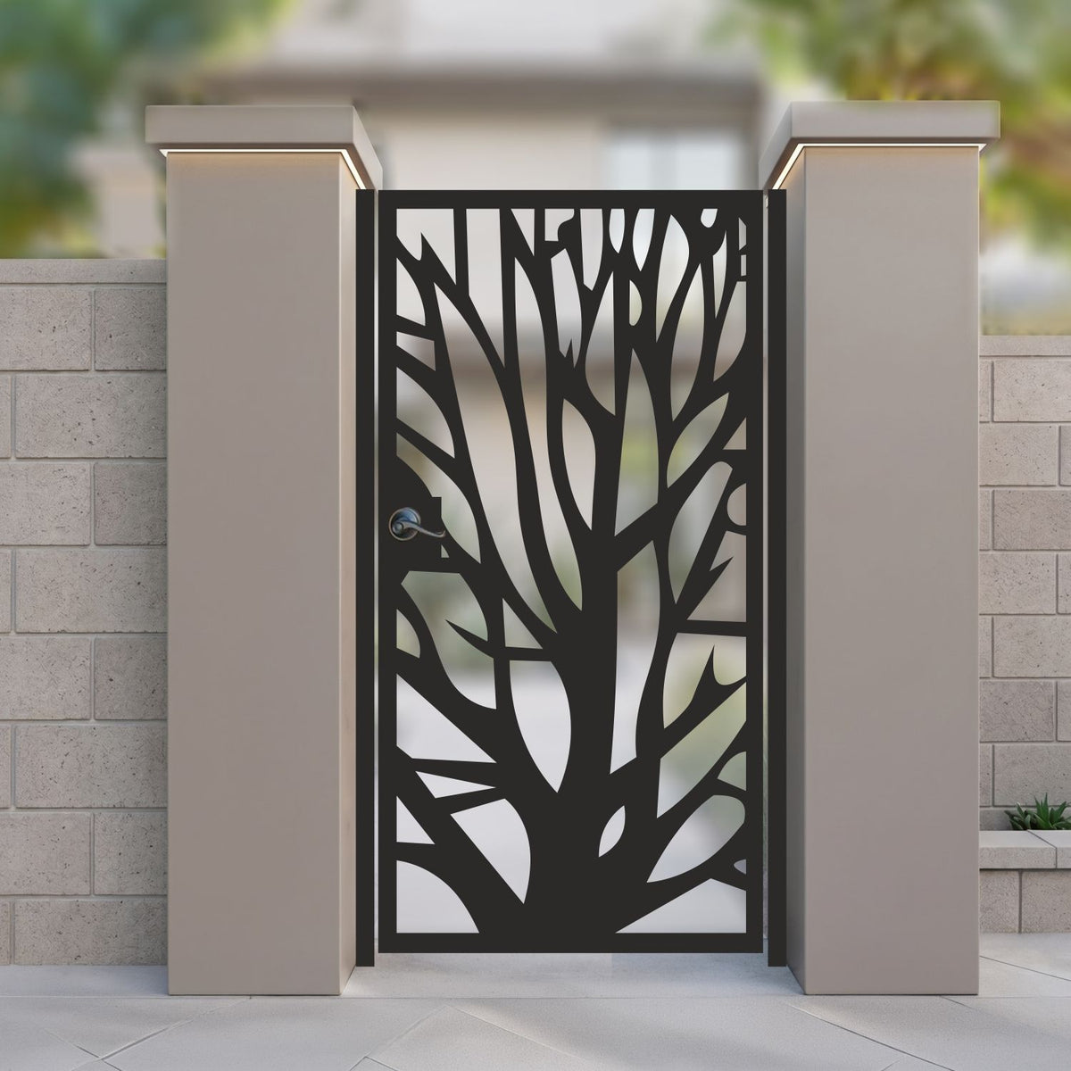 metal laser cut pedestrian garden gate featuring modern organic tree of life branch silhouette pattern