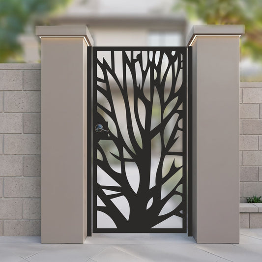 metal laser cut pedestrian garden gate featuring modern organic tree of life branch silhouette pattern