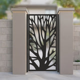 metal laser cut pedestrian garden gate featuring modern organic tree of life branch silhouette pattern