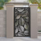 metal laser cut pedestrian garden gate featuring full coverage modern tropical leaf veined pattern